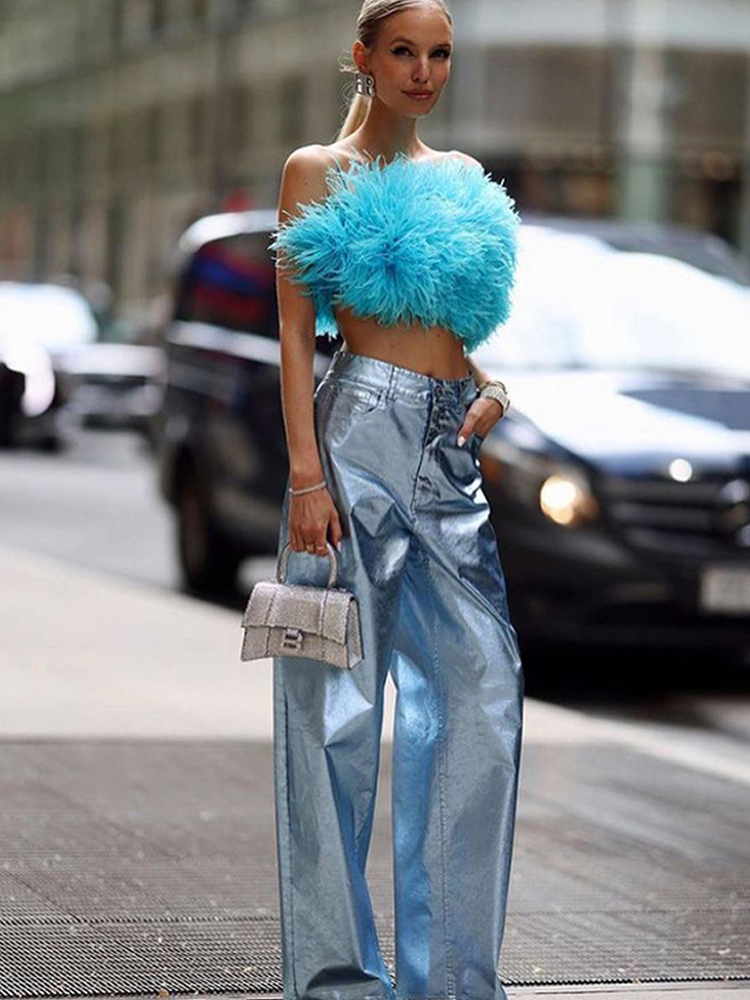PU Bright Color Women Pants Solid High Waist Straight Streetwear Trousers Female Autumn Winter New Casual Loose Lady Pant