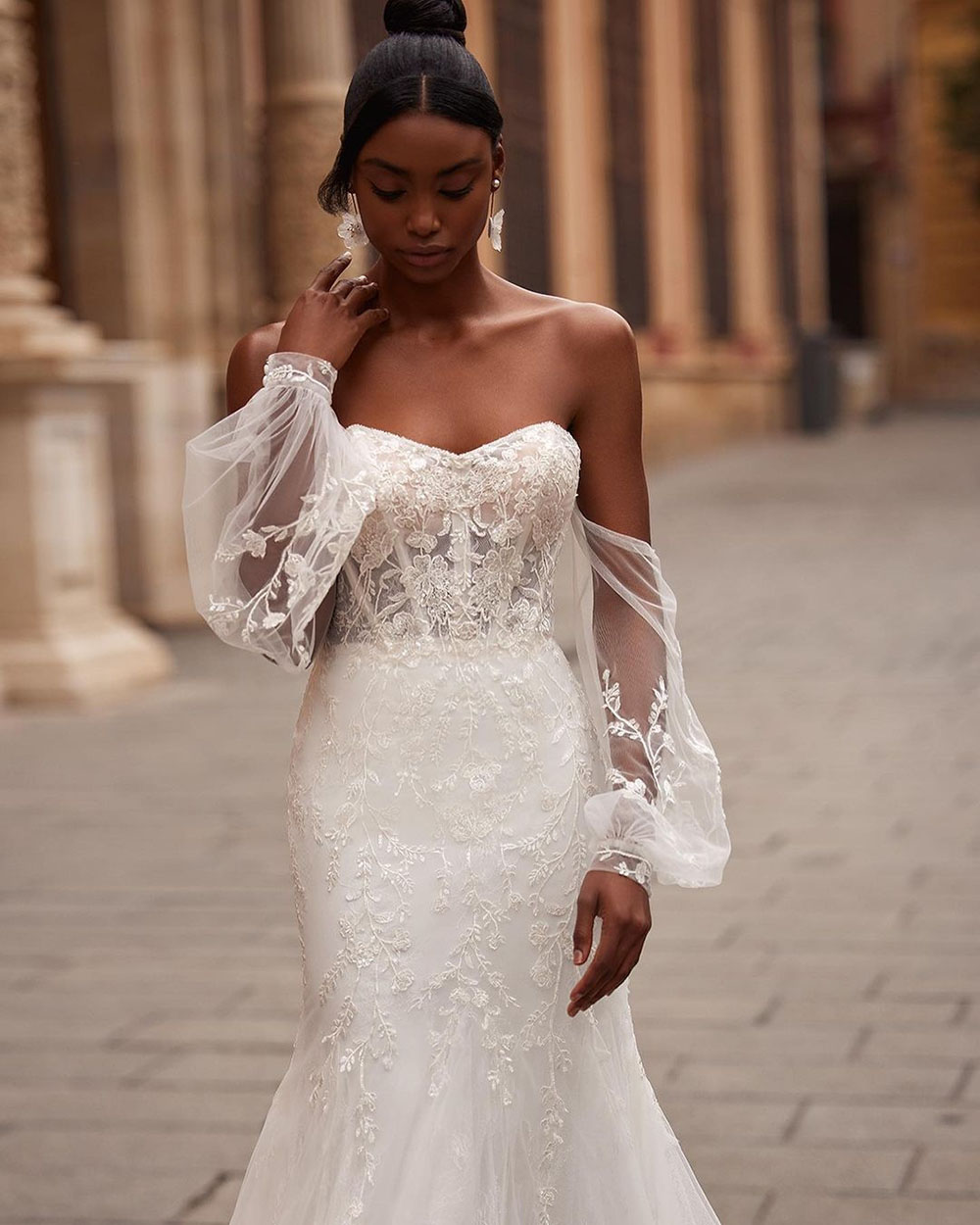 Exquisite Puff Sleeves Mermaid Wedding Dress Off the Shoulder Lace Appliques Bridal Gown Sweethearts Backless mariee
