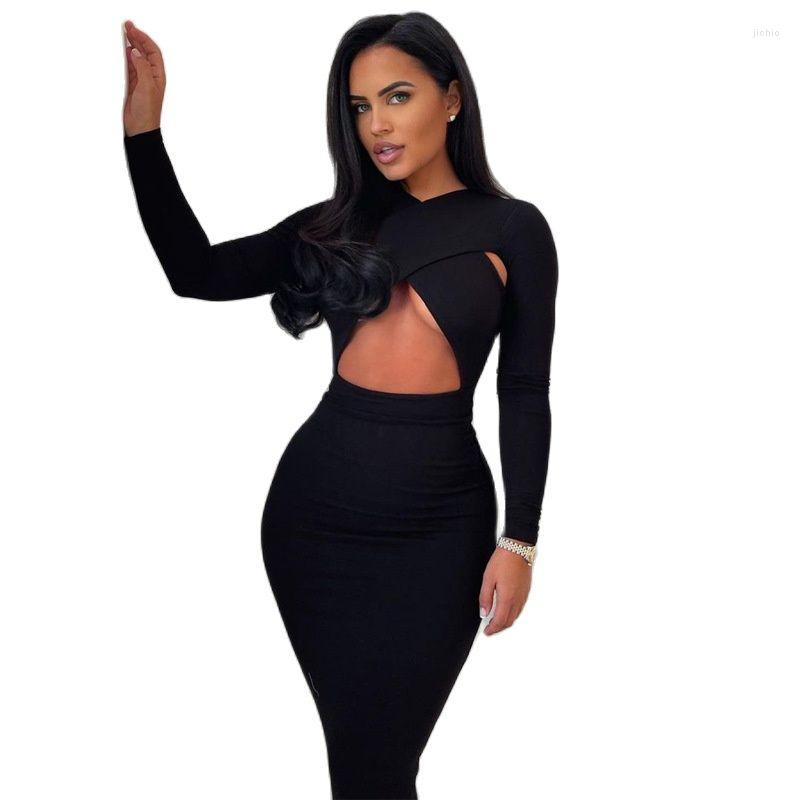Casual Dresses European And American Style Womens Cross Cut-Out Long-Sleeved Buttocks Long Dress