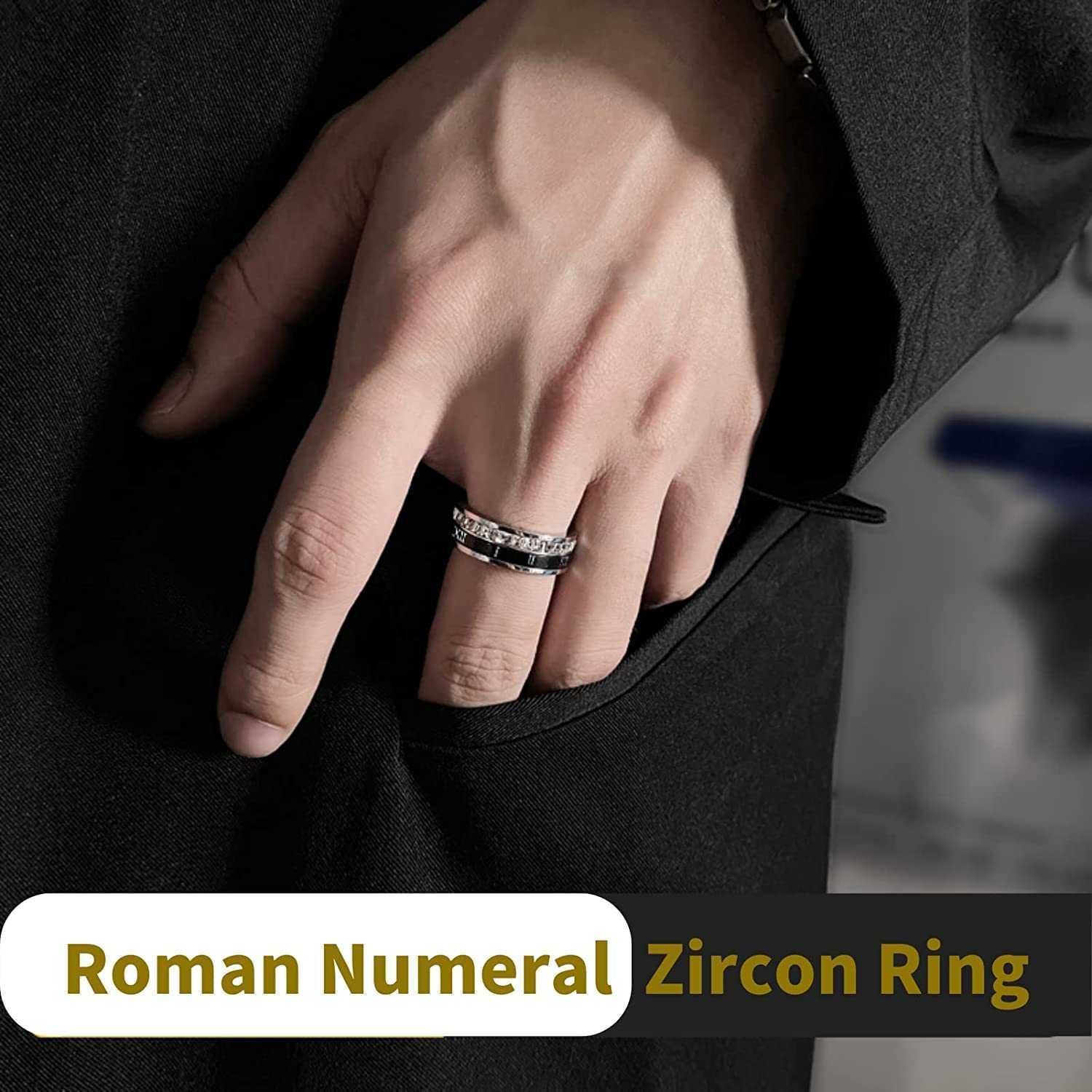 GZW 18k Gold Plated Roman Numeral Cubic Zirconia Ring for Women Spinner Silver Mens Rings Stainless Steel Square Cz Rings for Men and women couple