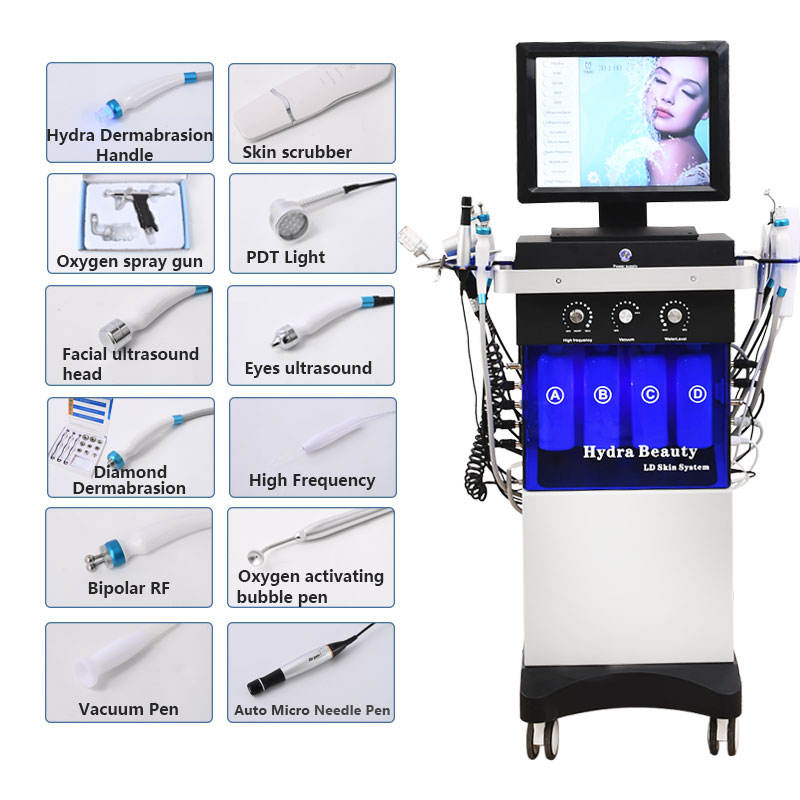 2023 14 in 1 Hydro Microdermabrasion Skin Lifting Device Multifunction High Frequency Facial Spa Ultrasound BIO Water Dermabrasion Moisturizer Machine