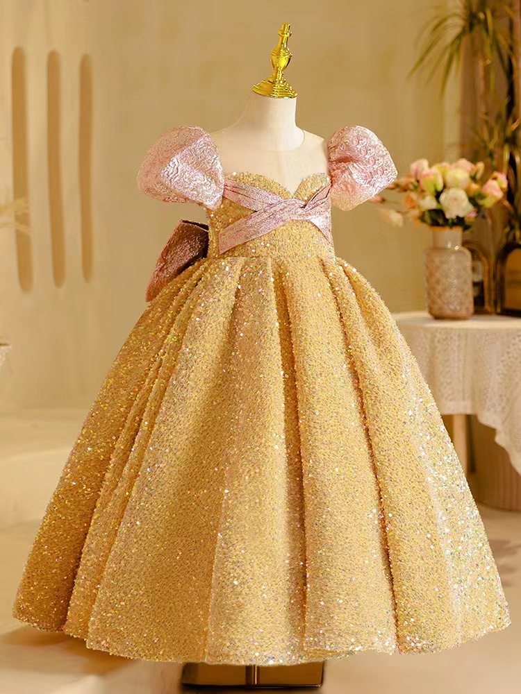 Lovely Gold Pink Flower Girl Dresses For Weddings Jewel Neck Crystal Beads Tulle Princess Girls Pageant Dress Short Sleeves Big Bow Kids Communion Gow