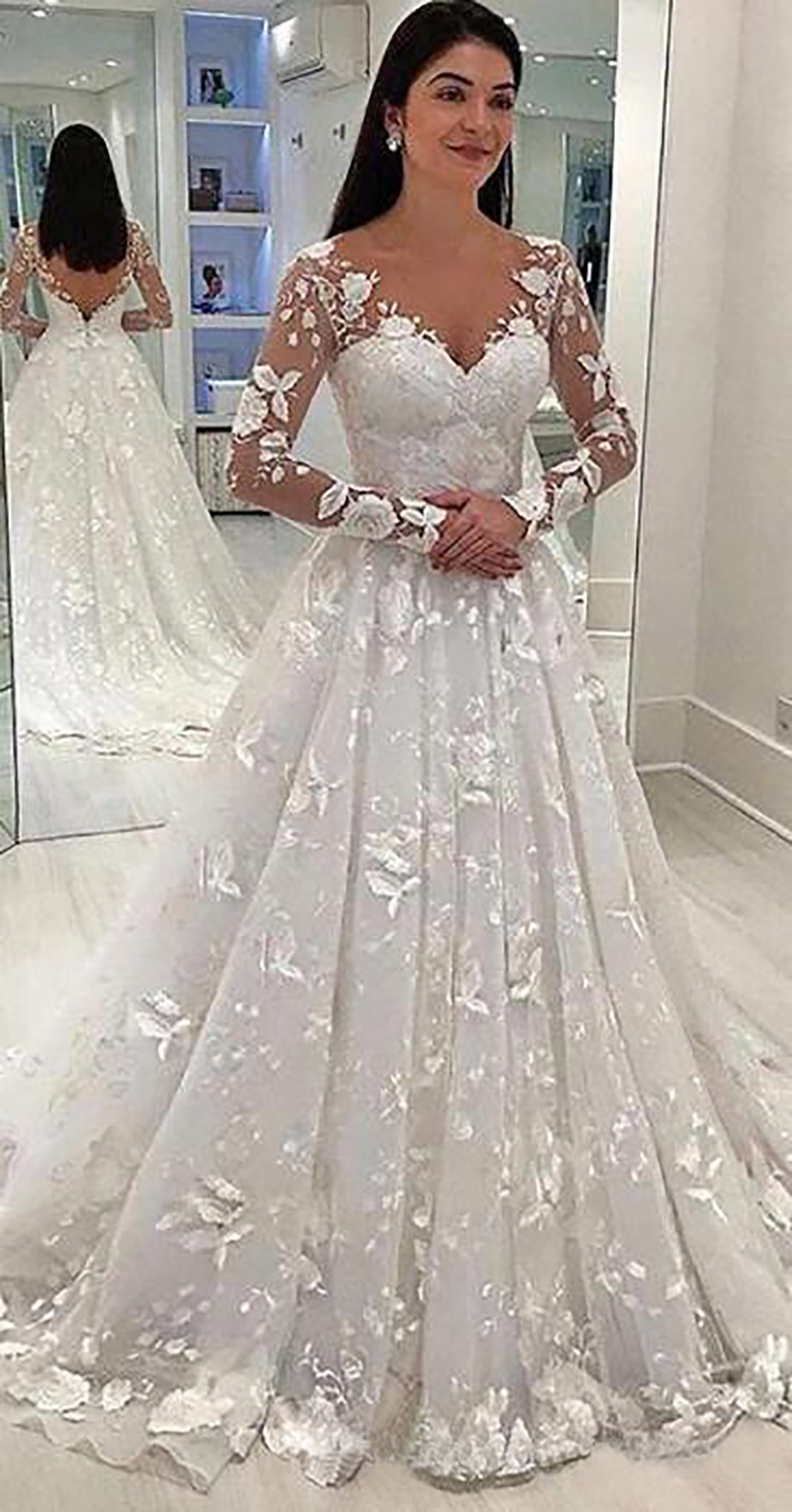 2023 Sexy Women Wedding Dress White Lace Long Dress Deep V-neck Long Mesh Lace Sleeve A-line Pleated Floor-length Dresses