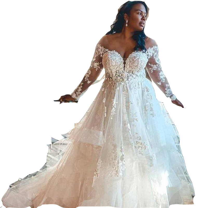 2023 Vintage A Line Wedding Dresses Long Sleeves V Neck Lace Appliques Tulle Ruffles Tiered Country Beach Wedding Dress Bridal Gown Robe Mariage Vesti