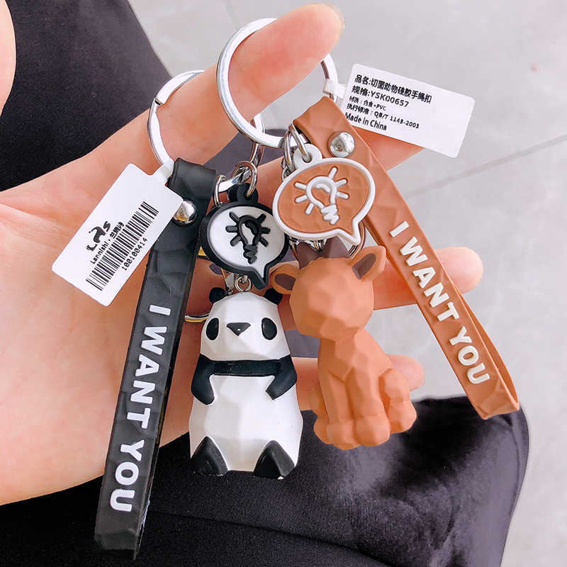 Key Rings Fashionable and cute dinosaur car keyring cartoon female PVC animal keychain hanging rope handbag accessory Trinket G230526