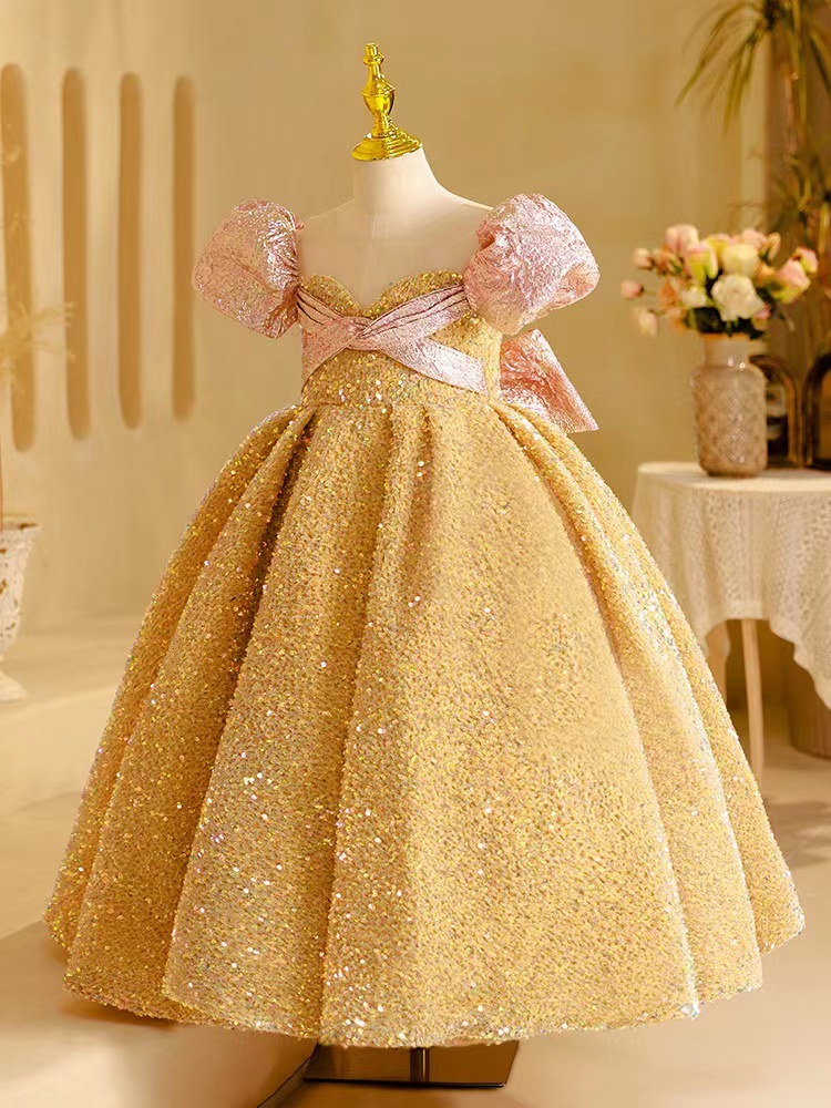 Lovely Gold Pink Flower Girl Dresses For Weddings Jewel Neck Crystal Beads Tulle Princess Girls Pageant Dress Short Sleeves Big Bow Kids Communion Gow