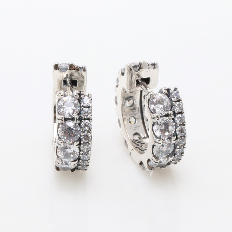 Authentic 925 Sterling Silver Pave Hoop Earrings for Men & Women - Shiny Party Jewelry