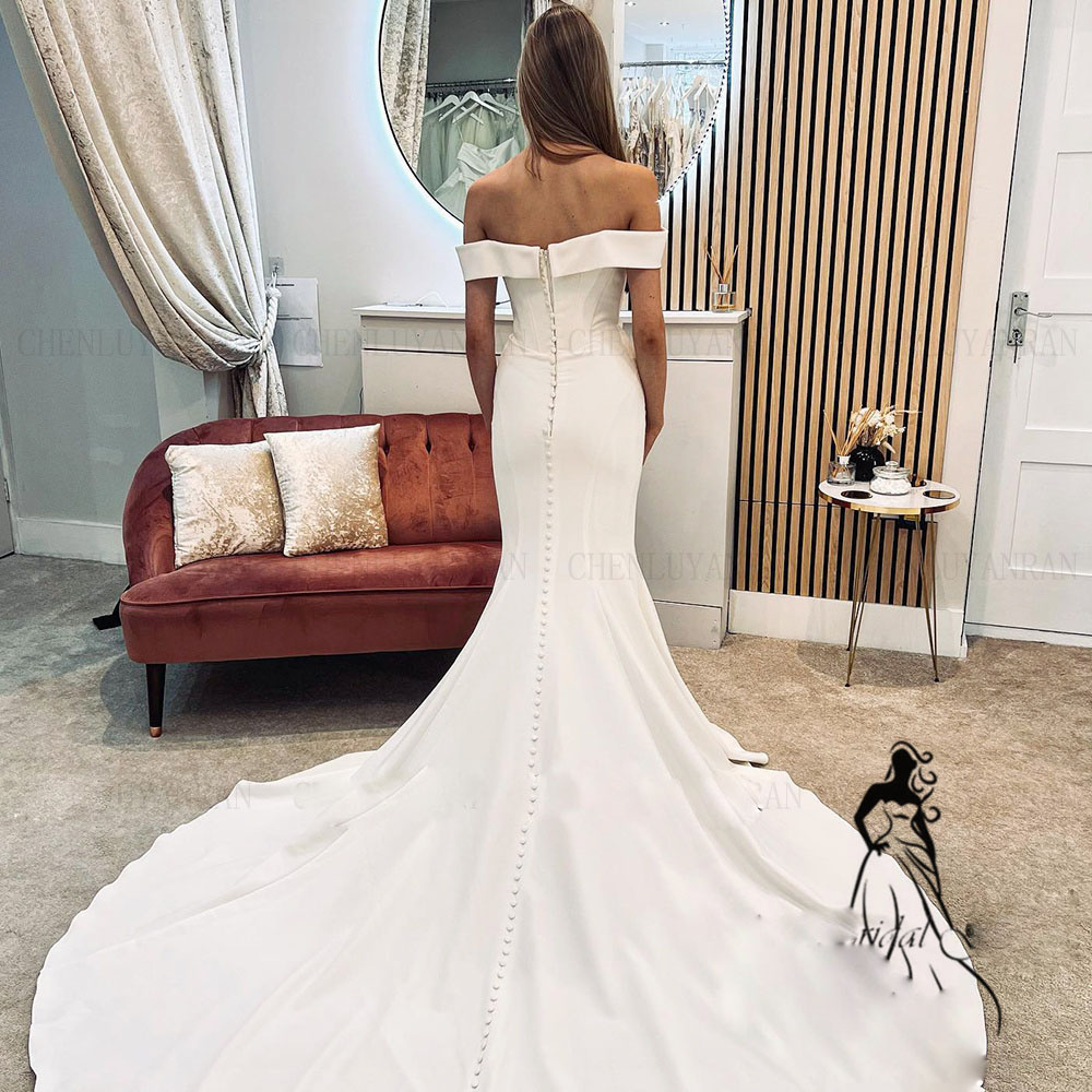 Simple Off the Shoulder Mermaid Bridal Dresses Boat Neck Satin Garden Wedding Gowns Sweep Train Vestido de Novia