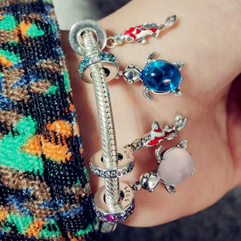 925 Sterling Silver Good Fortune Carp Fish Glass Sea Turtle Dangle Charm Beads Fit S925 Snake Bracelet Fine Jewelry Gift