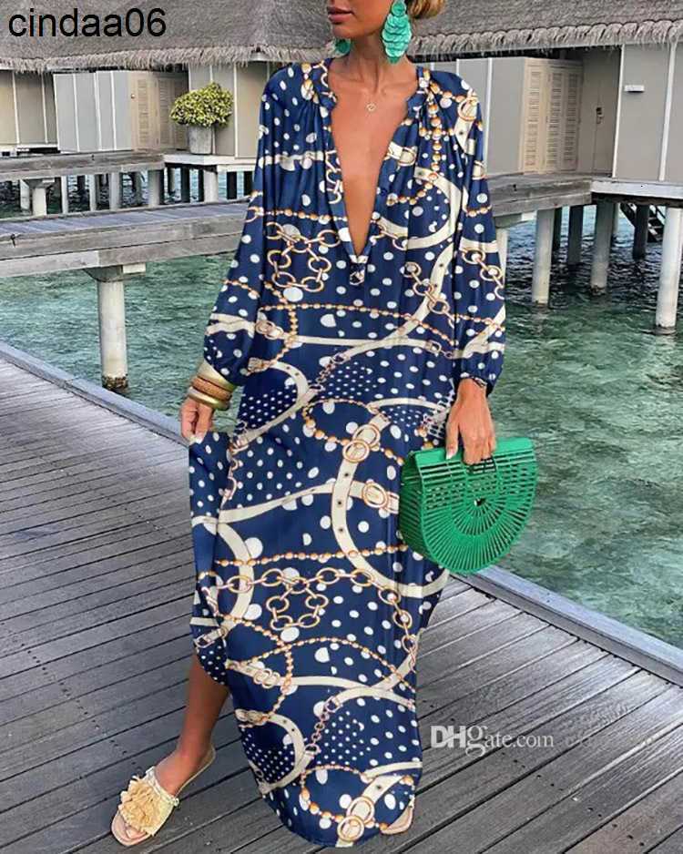 Casual Dresses Women Vintage Maxi Designer Dresses Sexy Deep V Neck Sleeve Boho Print Long Dress Female Beach Cover Up Elegant Robe Summer Clothing Sk