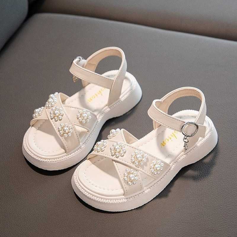 Sandals Children Sandals 2024 Summer New Girls Style Kids Fashion Versatile Pearls Cute Princess Hook Loop Solid Black for Show