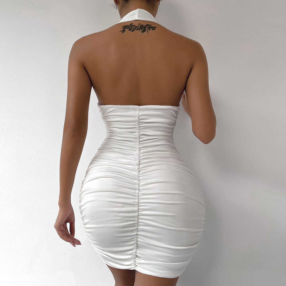 Designer Ruffle V Deep Evening Party Dress Summer Short White Halter Dresses Women Tight Club Mini Dress Clubwear