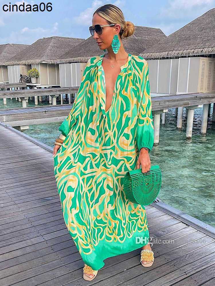 Casual Dresses Women Vintage Maxi Designer Dresses Sexy Deep V Neck Sleeve Boho Print Long Dress Female Beach Cover Up Elegant Robe Summer Clothing Sk