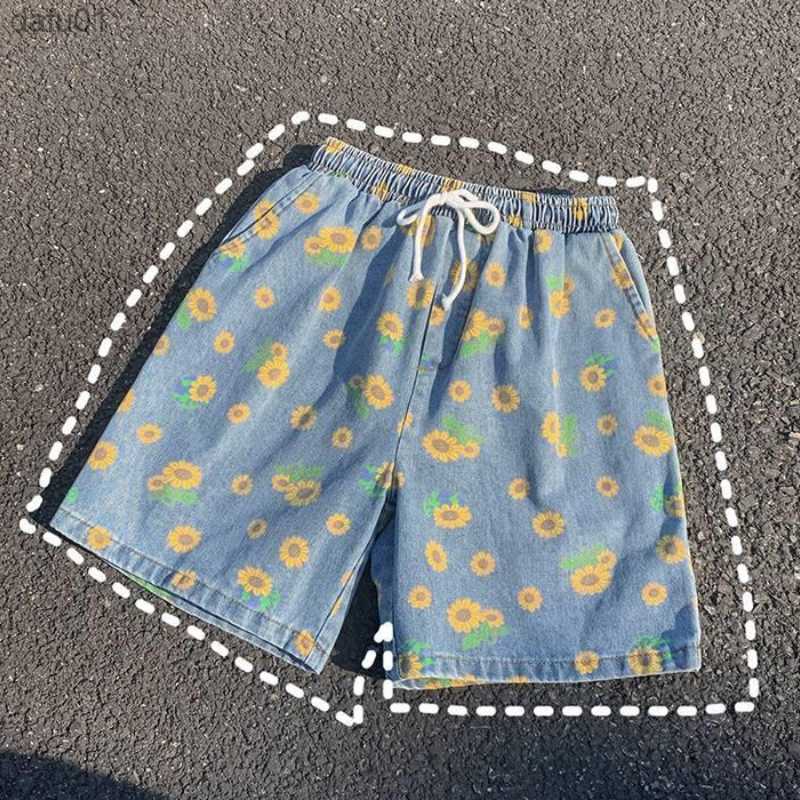 Men's Shorts Gmiixder Daisy Denim Shorts Men's 2023 Summer High Street Capris Women Techwear Oversize Leisure Beach Pants Unisex Streetwear 