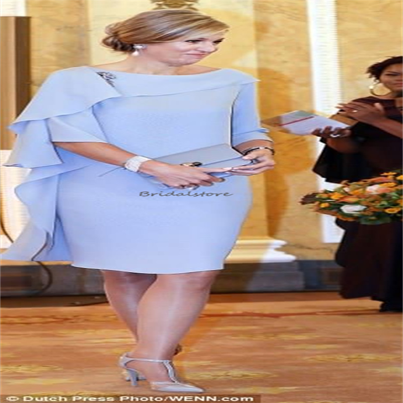 Elegant Blue Knee Length Mother Of The Bride Dress 2023 With Sleeves Plus Size Mom Evening Formal Dress Women Wedding Guest Wear Groom Mothers Prom Pa