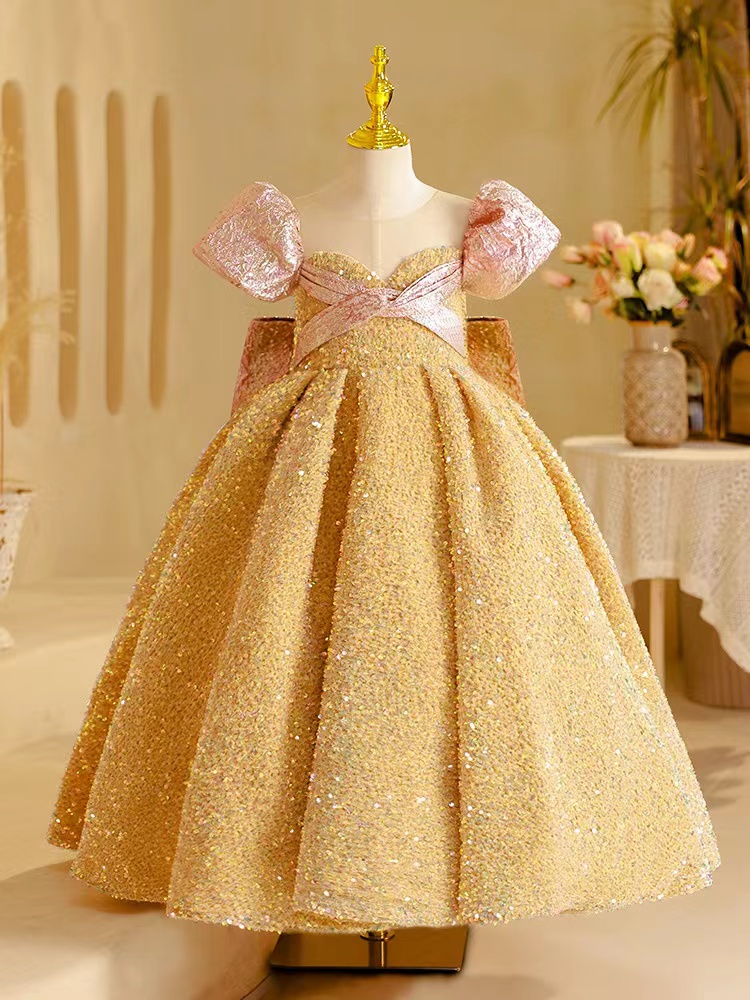 Lovely Gold Pink Flower Girl Dresses For Weddings Jewel Neck Crystal Beads Tulle Princess Girls Pageant Dress Short Sleeves Big Bow Kids Communion Gow
