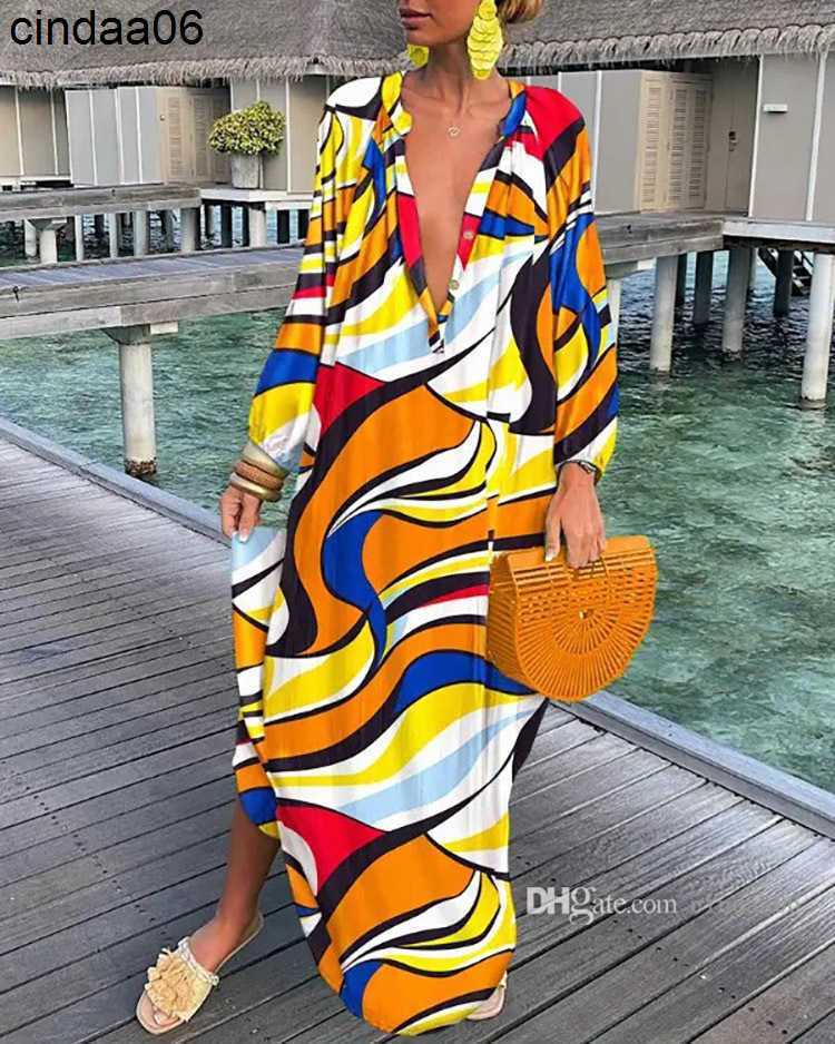 Casual Dresses Women Vintage Maxi Designer Dresses Sexy Deep V Neck Sleeve Boho Print Long Dress Female Beach Cover Up Elegant Robe Summer Clothing Sk