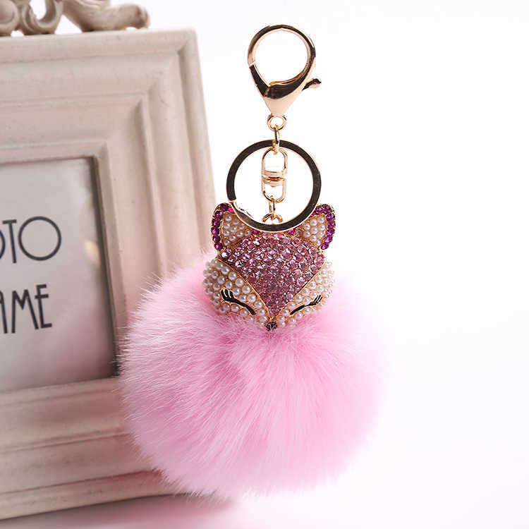 Key Rings Fancy Fantasy New Rabbit 8cm Fur Ball Fox Head Inlaid Pearl Rhinestone Car Keychain Handbag Keyring G230526