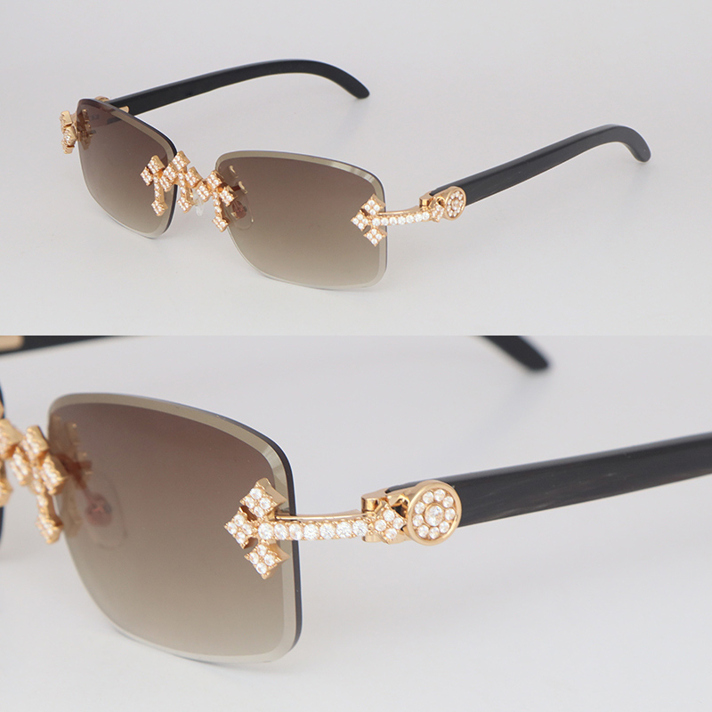 Moissanite Set Rimless Womans Big Stones 5 Carat Dia Sun glasses Original Black Buffalo Horn Limited edition Sunglasses Men Woman New