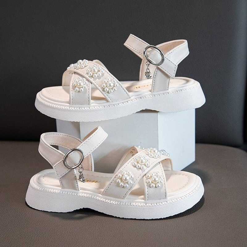 Sandals Children Sandals 2024 Summer New Girls Style Kids Fashion Versatile Pearls Cute Princess Hook Loop Solid Black for Show
