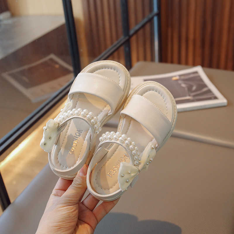 Sandals Girls' Sandals 2023 Summer New Open-toes Students Kids Beach Shoes Pearls Beading with Bowtie Princess Sweet Children Sandals R230529