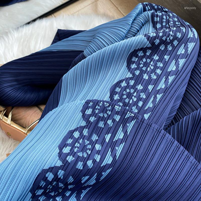 Womens Two Piece Pants Women Pleated Suit Flower Print Round Collar T Shirt Wide Leg Casual Style 2023 Autumn Fashion Cloth