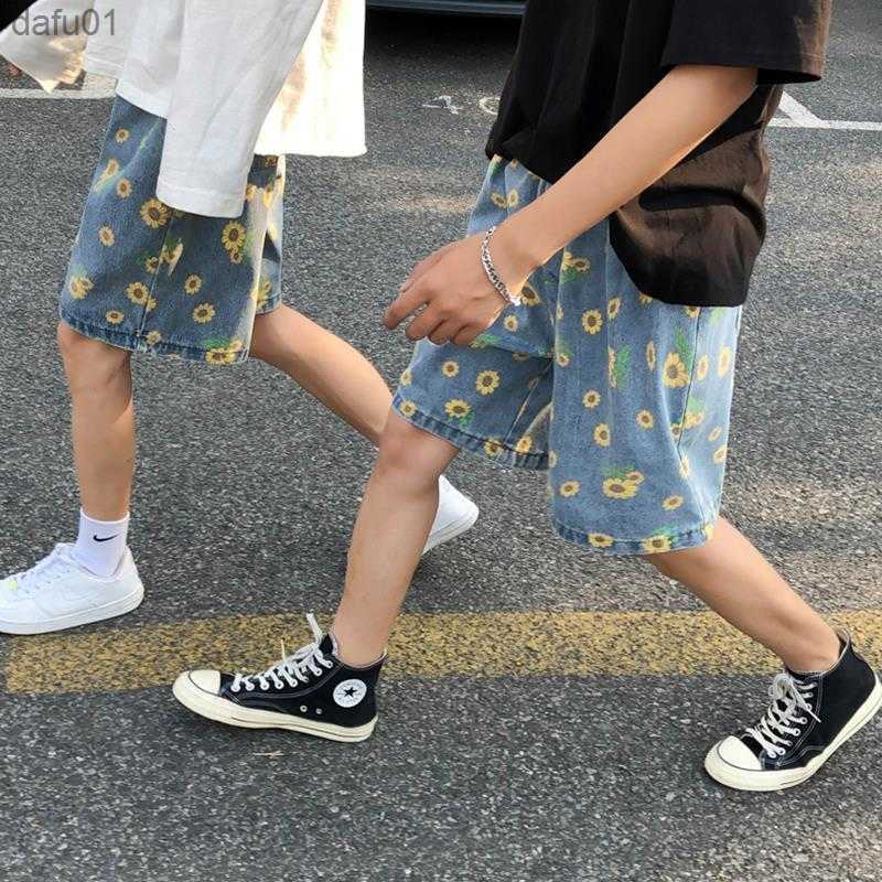 Men's Shorts Gmiixder Daisy Denim Shorts Men's 2023 Summer High Street Capris Women Techwear Oversize Leisure Beach Pants Unisex Streetwear 