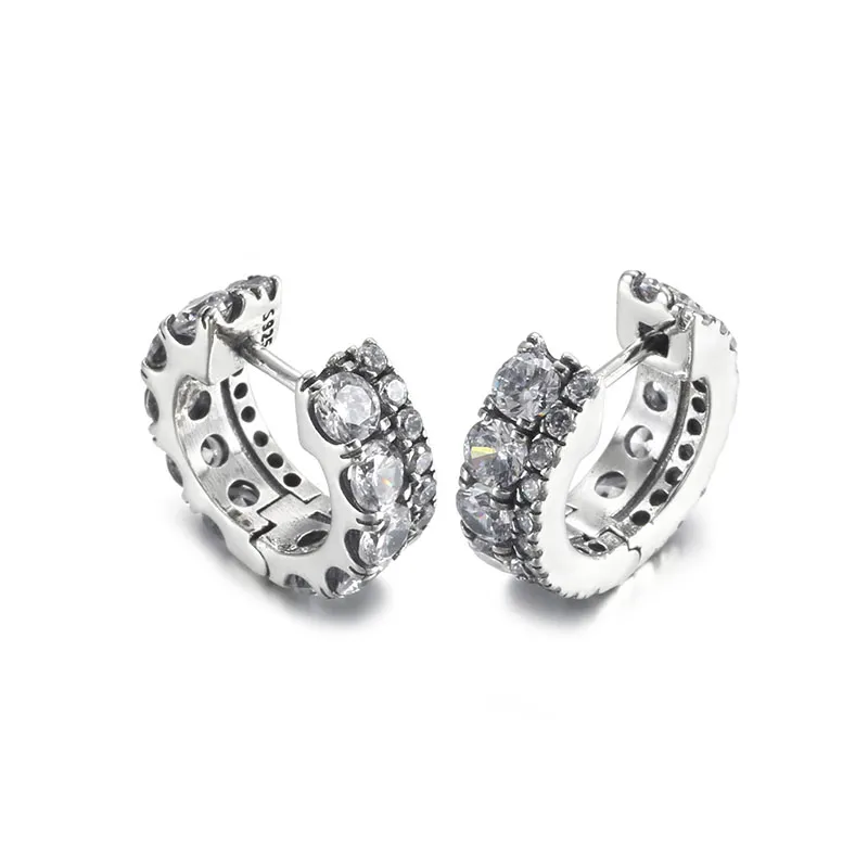 Authentic 925 Sterling Silver Pave Hoop Earrings for Men & Women - Shiny Party Jewelry