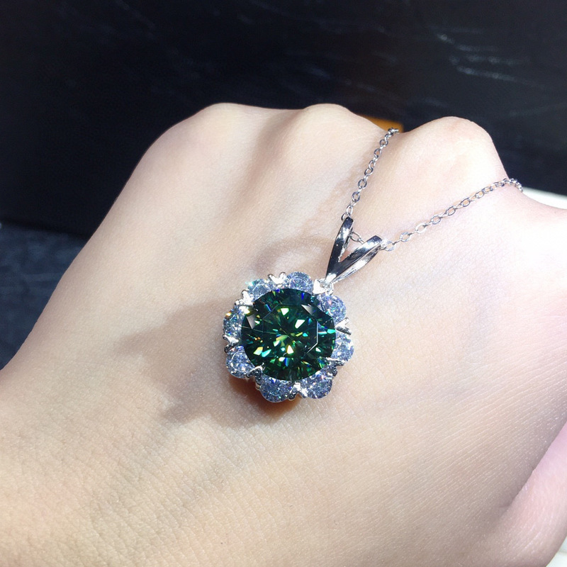 Vintage Flower 2ct AAAAA Green Zircon Pendant Silver Color moissanite Wedding Pendants Choker Necklace For Women Jewelry
