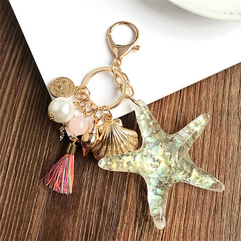 Key Rings Fashion Ocean World Pearl Starfish Cute Shell Keychain Crystal Pendant Keyring Bracket Women's Bag Charm Party Gift G230526