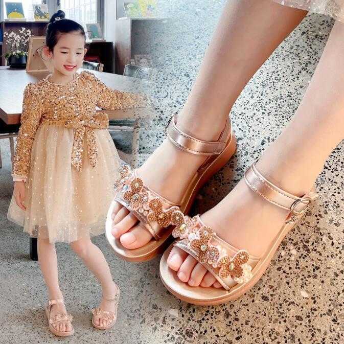Sandals Girls Princess Sandals Summer New Baby Pearl Bow Single Leather Shoes Fashion Non-slip Flat Children's Shoes R230529