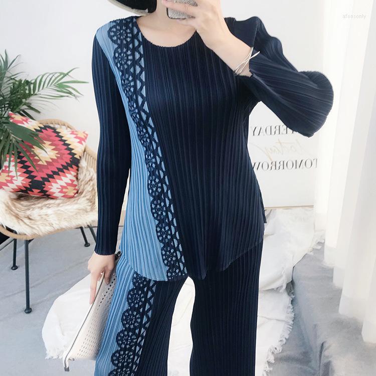 Womens Two Piece Pants Women Pleated Suit Flower Print Round Collar T Shirt Wide Leg Casual Style 2023 Autumn Fashion Cloth