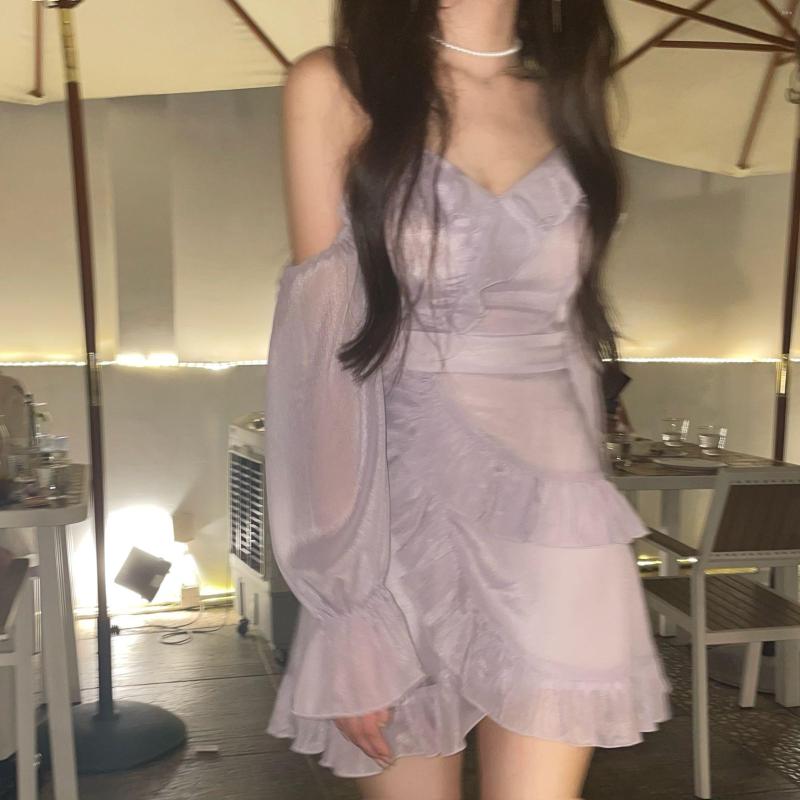 Casual Dresses 2023 Autumn Clothes Korea Ladies French Elegant Strap Dress Women Long Sleeve Vintage Mini Female Evening Party Y2k