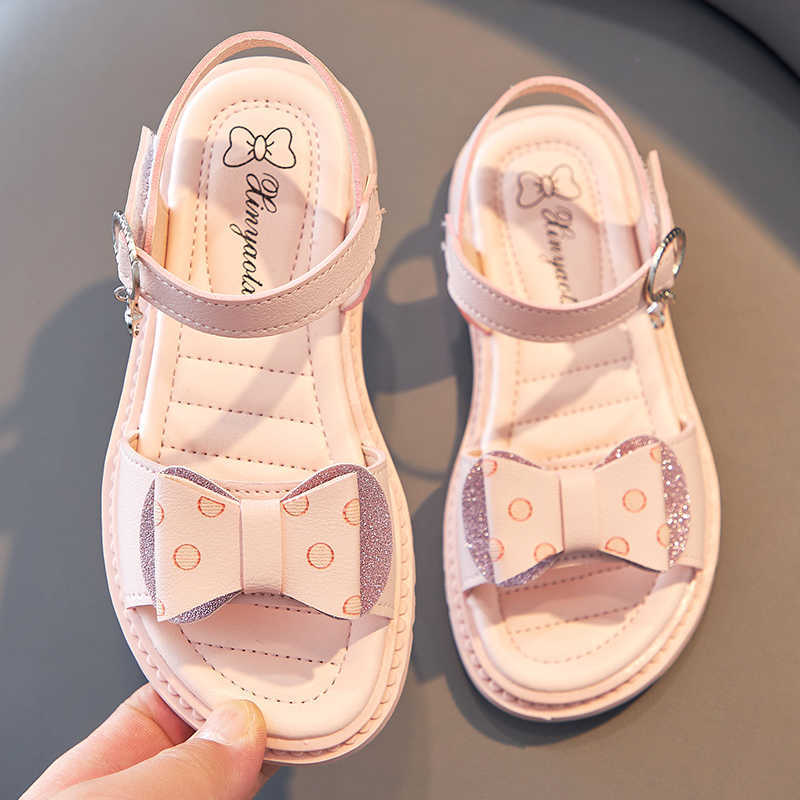 Sandals 2023 Summer New Girls Kids Fashion Sandals Children's Soft Soles Anti-skid Open-toe Beach Shoes Bow Wave Point Shine Party Shoes R230529