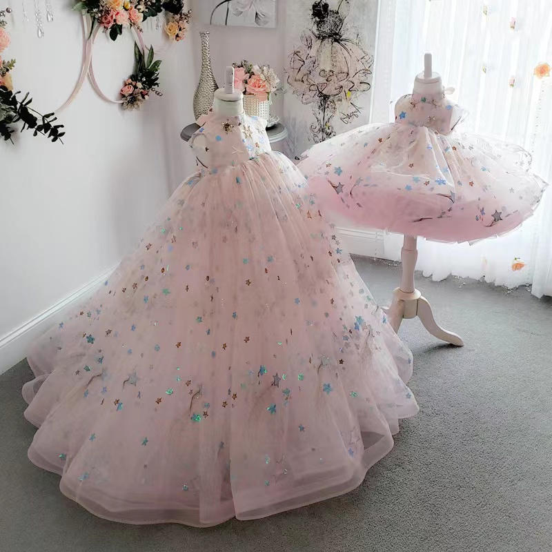 Cute Handmade Flower Girls Dresses Bow Belt Bead Princess Kids Bridesmaid Dress Girl Pageant Ball Gown star sequined crystal long tain Puffy Bridesmai