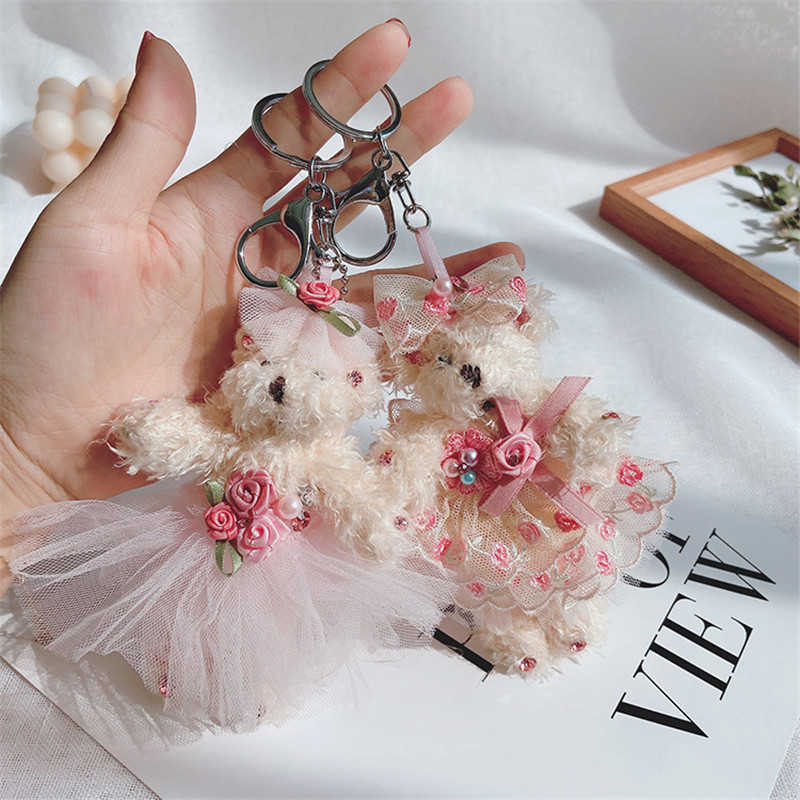 Key Rings Exquisite Wedding Dress Bear Women's Cute Animal Plush Doll Keychain Holder Korean Fashion Bag Charm Pendant Gift G230526