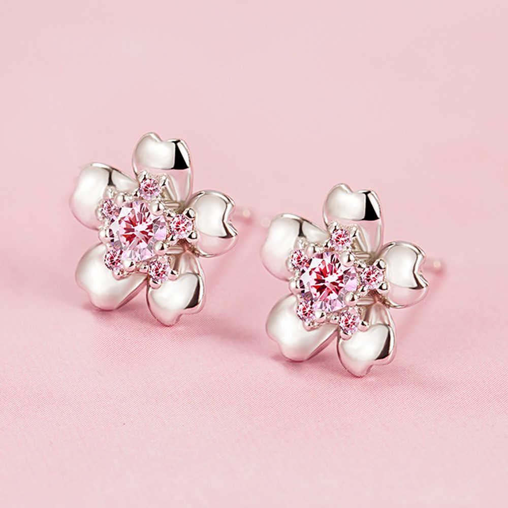 Elegant Cherry Blossom Stud Earrings in S925 Sterling Silver with Crystal Accents - Perfect for Fashionable Women