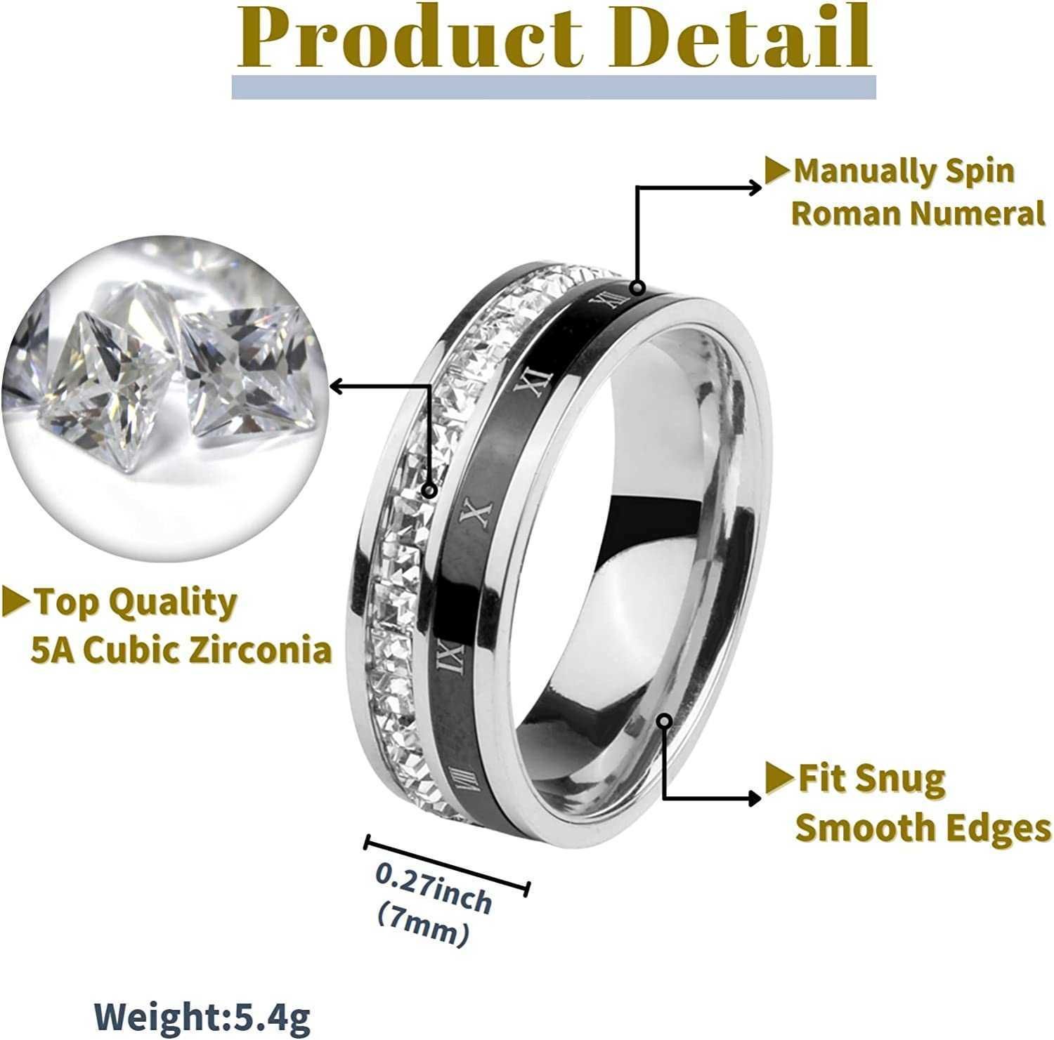 GZW 18k Gold Plated Roman Numeral Cubic Zirconia Ring for Women Spinner Silver Mens Rings Stainless Steel Square Cz Rings for Men and women couple