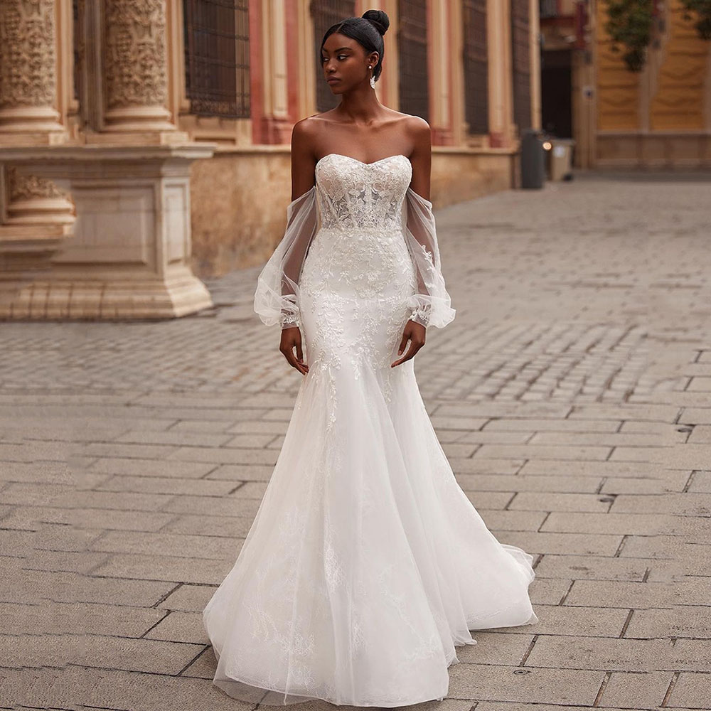 Exquisite Puff Sleeves Mermaid Wedding Dress Off the Shoulder Lace Appliques Bridal Gown Sweethearts Backless mariee