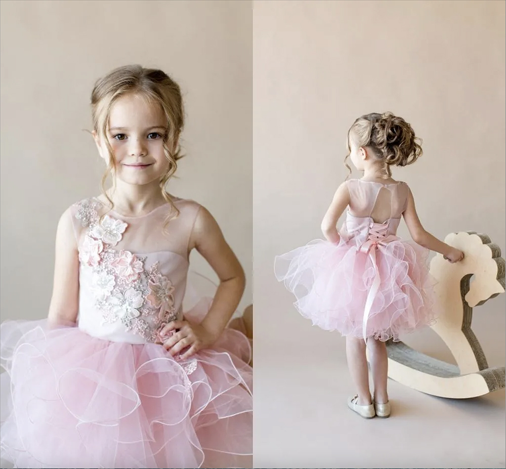 Blush Pink Hand Made Flowers Flower Girl Dress Short Lace Appliqued Girl Formal Wedding Dresses Cute Princess Birthday Party Gown