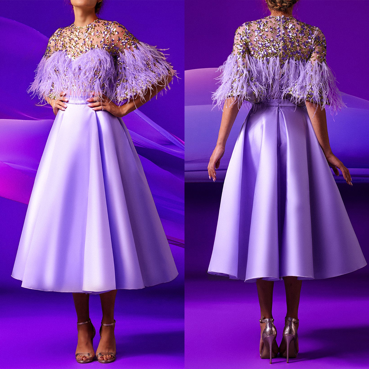 Elegant A-line Prom Dresses Jewel Sequins Beads Feathers Short Sleeves Satin Tea-Length Zipper Custom Made Plus Size Party Dress Vestido De Noite