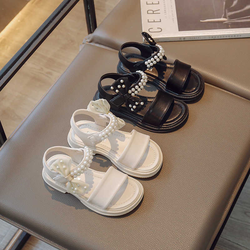Sandals Girls' Sandals 2023 Summer New Open-toes Students Kids Beach Shoes Pearls Beading with Bowtie Princess Sweet Children Sandals R230529