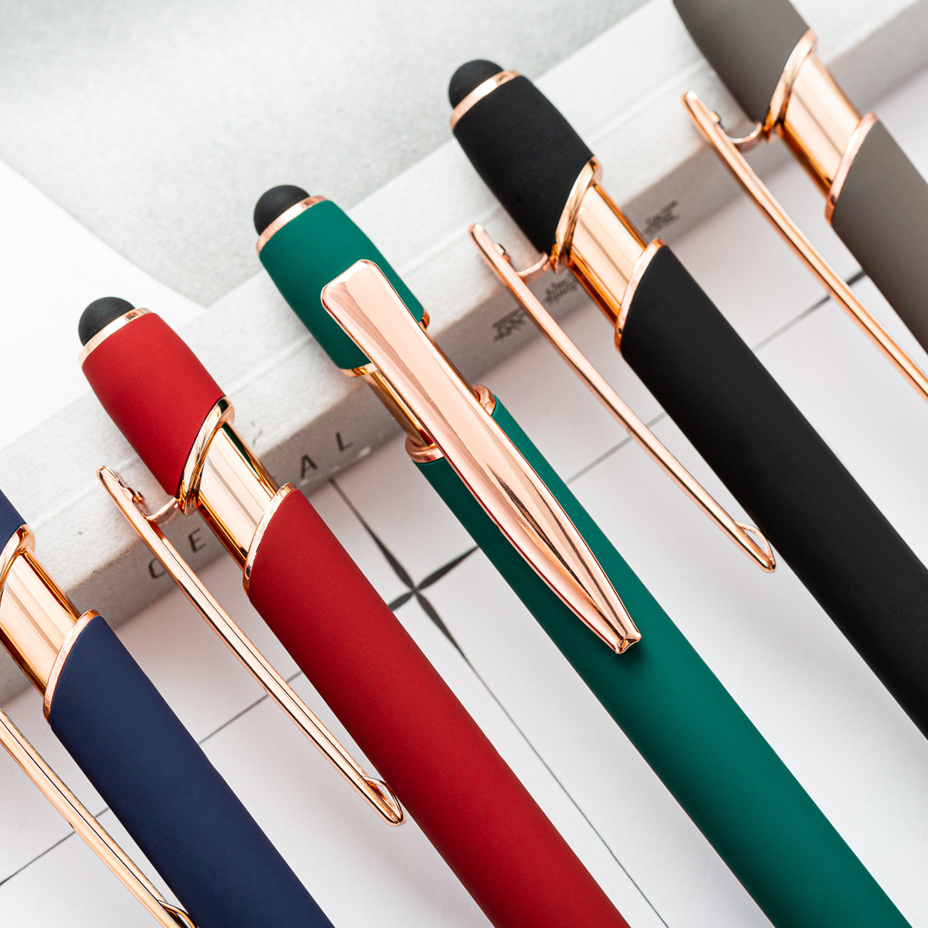 Promotional Alumilum Click Ballpoint Pen Rubberized Finishing Soft Coated Multi-colors Press Rubber Rose gold Pen with Custom Logo