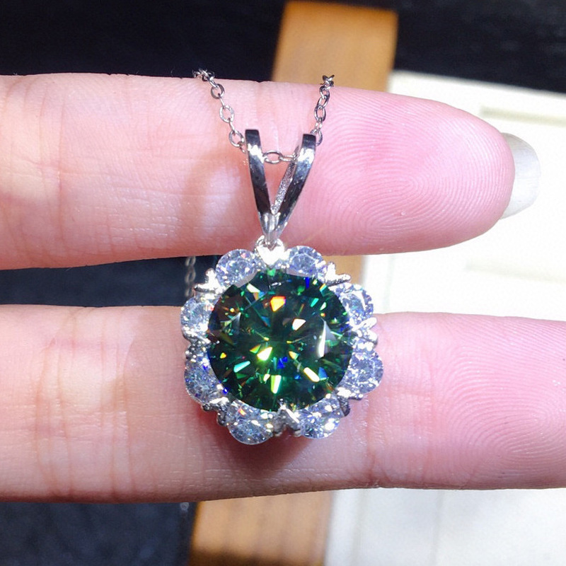 Vintage Flower 2ct AAAAA Green Zircon Pendant Silver Color moissanite Wedding Pendants Choker Necklace For Women Jewelry