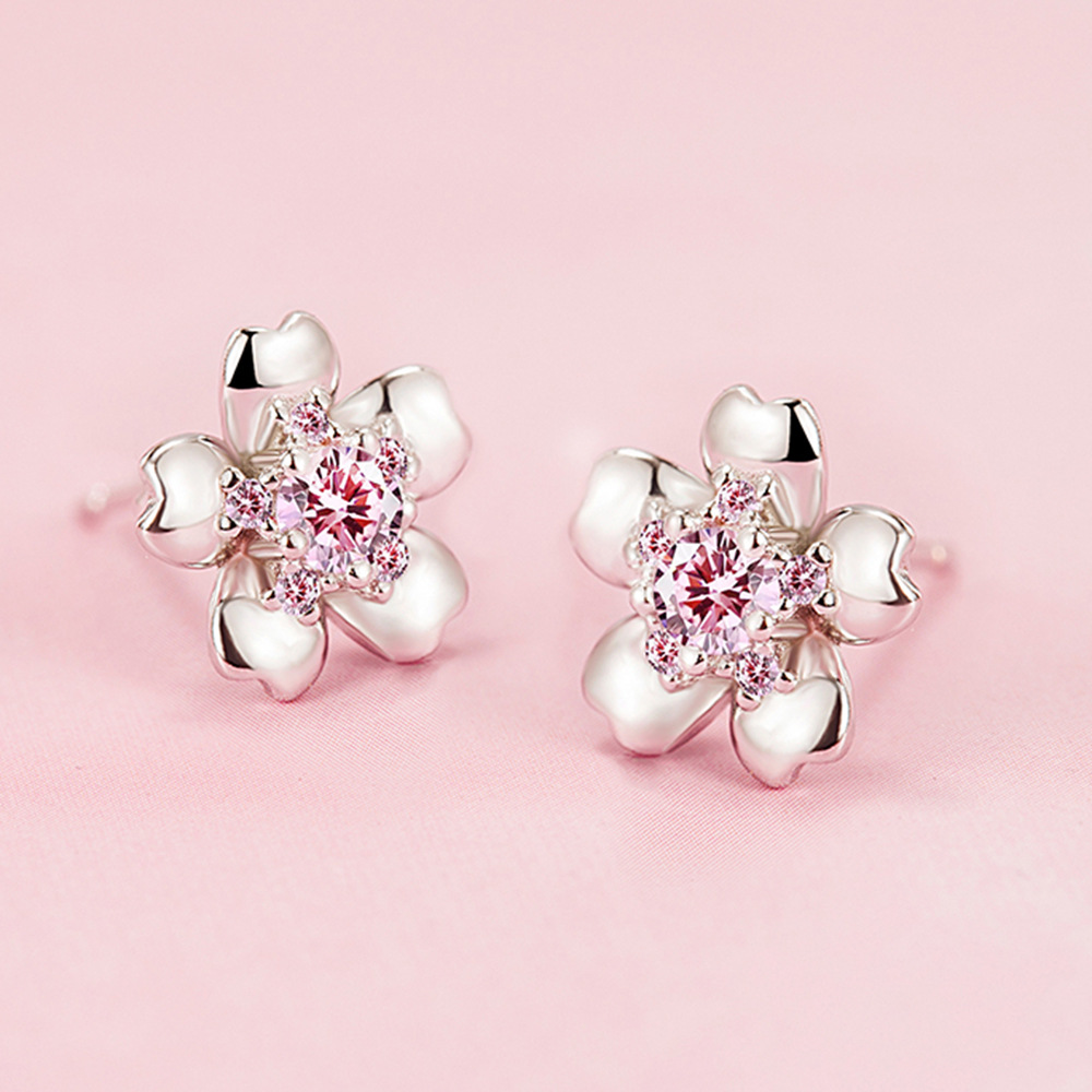 Elegant Cherry Blossom Stud Earrings in S925 Sterling Silver with Crystal Accents - Perfect for Fashionable Women
