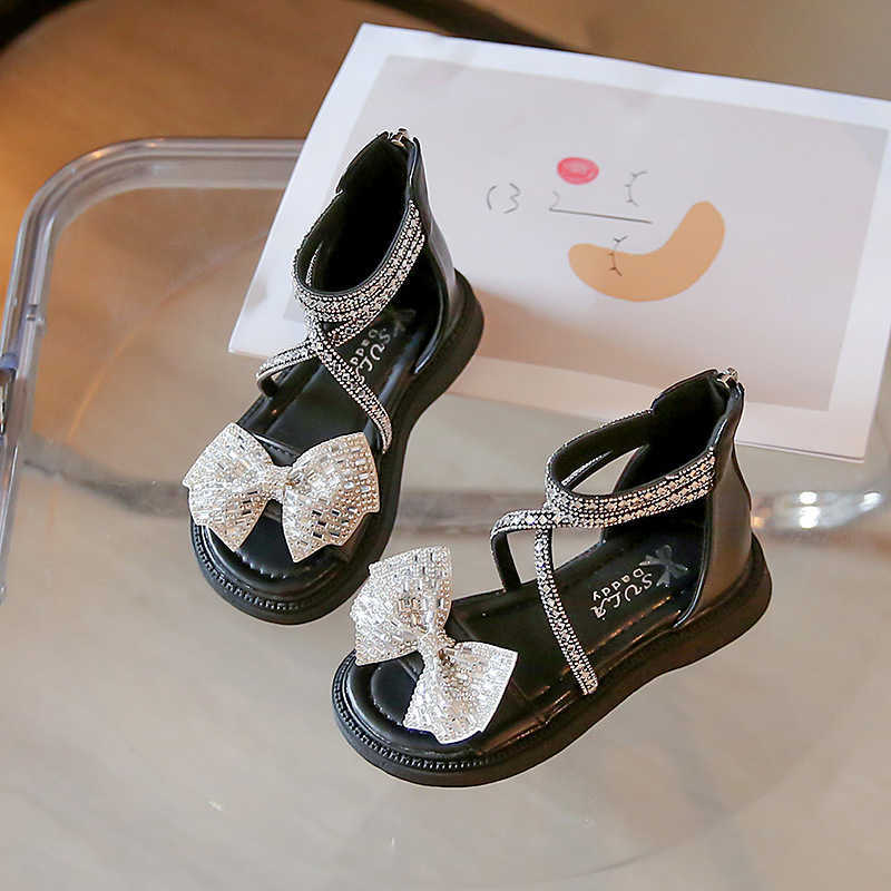 Sandals Girls Sandals Summer New Sweet Children's Soft Bottom Girls Rhinestone Bow Princess Sandals Open-toe Party Shoes R230529