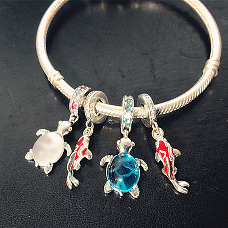 925 Sterling Silver Good Fortune Carp Fish Glass Sea Turtle Dangle Charm Beads Fit S925 Snake Bracelet Fine Jewelry Gift