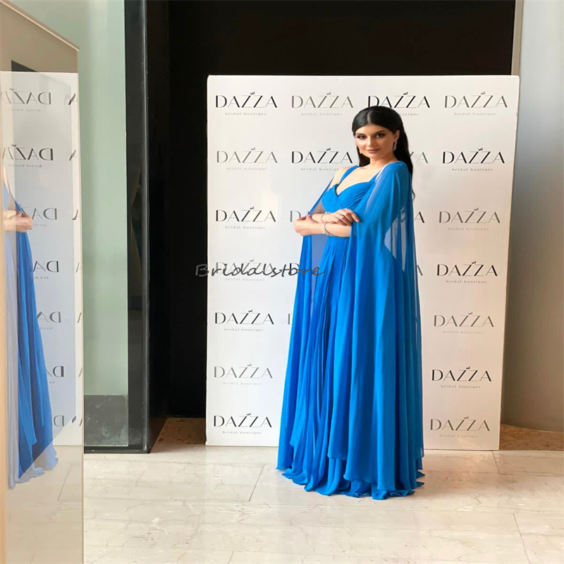 New Arabic Dubai Evening Dress With Cape Sleeves Elegant 2023 Floor Length Chiffon Prom Dress Chic Women Birthday Formal Party Vestidos De Noche Dubai