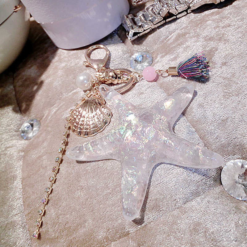 Key Rings Fashion Ocean World Pearl Starfish Cute Shell Keychain Crystal Pendant Keyring Bracket Women's Bag Charm Party Gift G230526