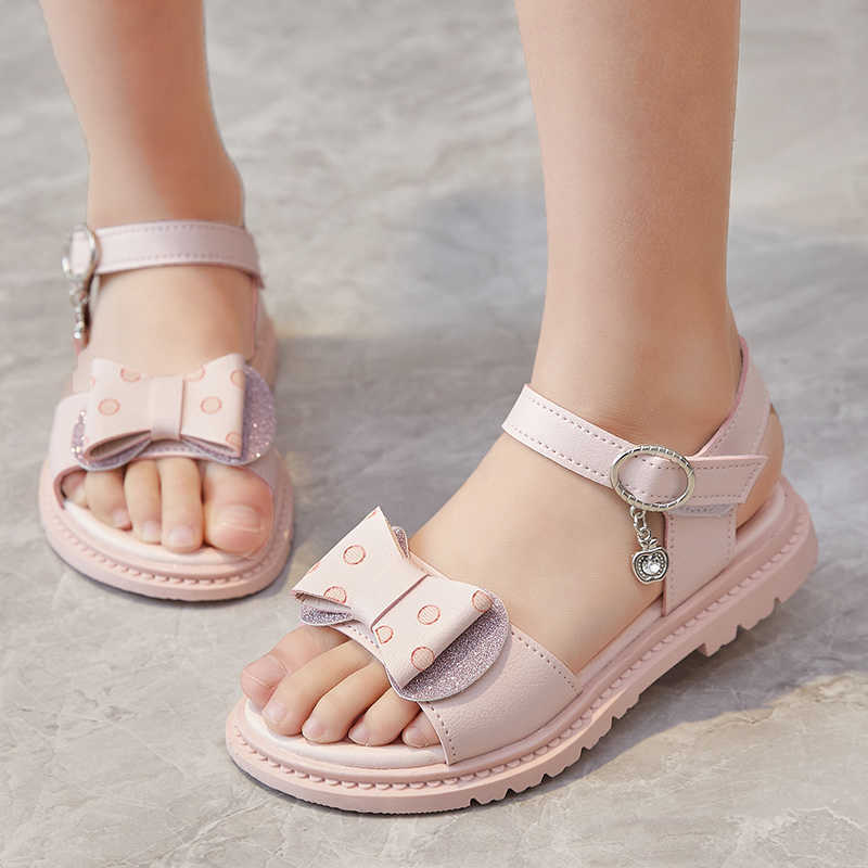 Sandals 2023 Summer New Girls Kids Fashion Sandals Children's Soft Soles Anti-skid Open-toe Beach Shoes Bow Wave Point Shine Party Shoes R230529